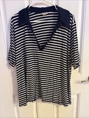 Ava & Viv Black and White Striped Short-Sleeve Polo Tee
